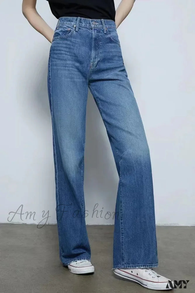 Skinny Jeans for Slim Fit -Amy Fashion - 2024 New High-waisted Wide-leg Straight Women Solid-color Embroidered Letter Denim Long Jean