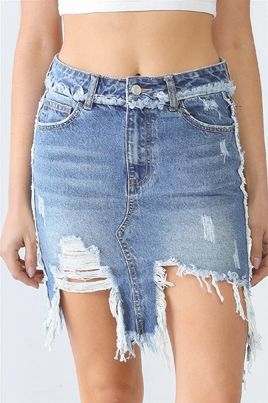 Overalls Jeans for Workwear -Denim Five Pocket Trim Torn Hem High Waist Mini Skirt