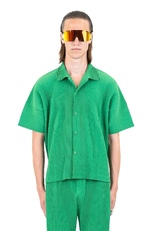 Distressed Jeans for Edgy Style -Homme Plissé Issey Miyake Camp Collar Shirt in Emerald Green