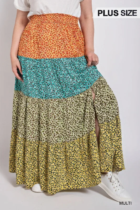 Layered Long Skirts for Volume -Ditsy floral color block skirt with front slit