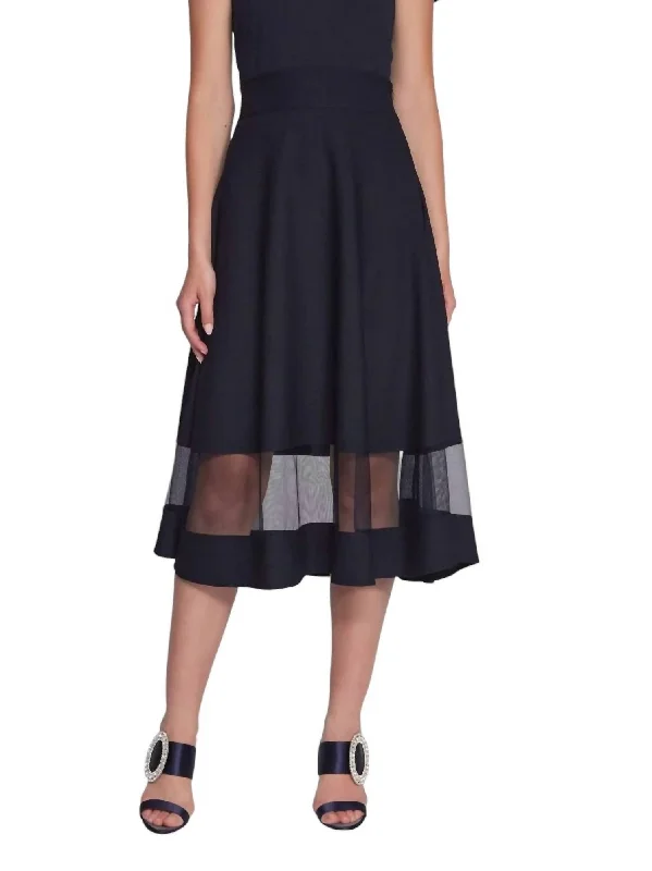 Contemporary Long Skirts for Fashion -Scuba Crepe And Mesh Flared Skirt In Midnight Blue