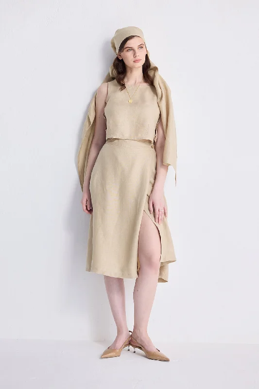 Flared Short Skirts for Flirty -Overlap Midi Skirt in Neutral Beige