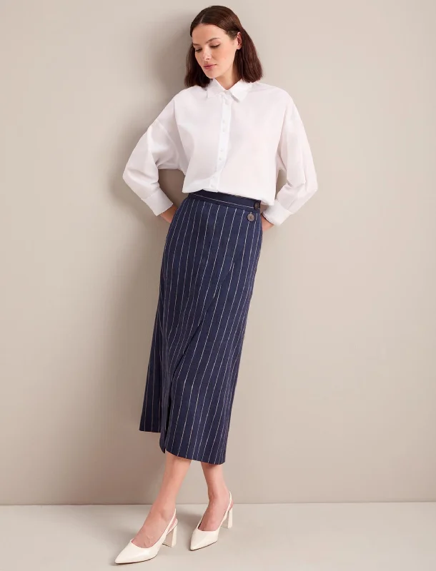 Wrap skirts with tie-front detail charm -Layla Maxi Wrap Skirt - Navy Pinstripe