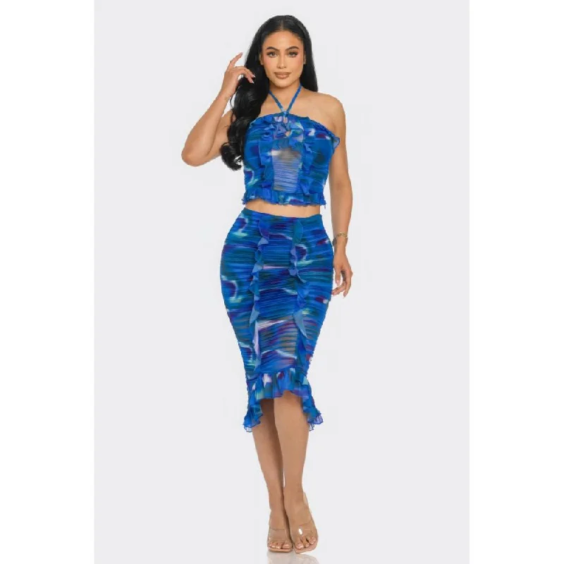 Green Long Skirts for Nature -Tropical Waters Print Mesh Ruffle Halter Skirt Set