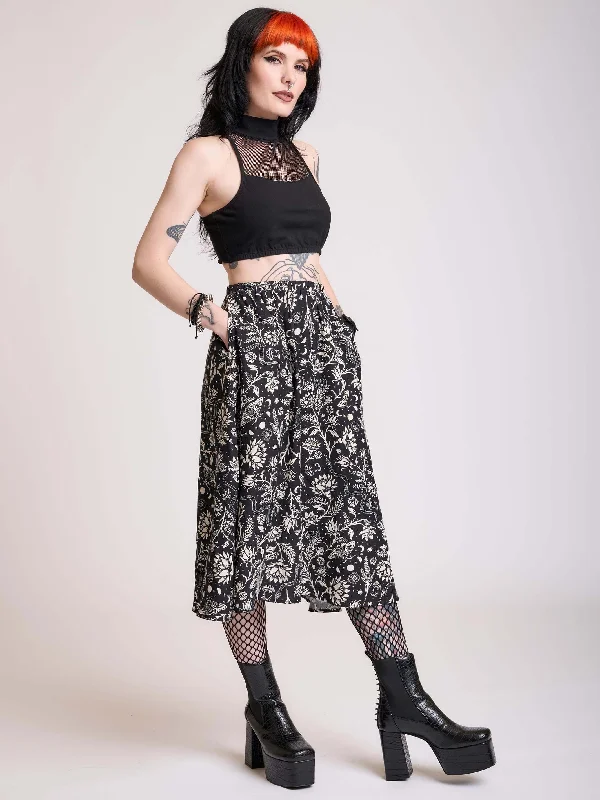 Soft skirts with gentle fabric drape -Lunar Garden Witch Midi Skirt