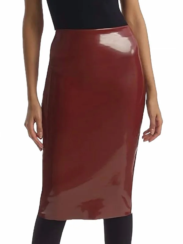 A-line Short Skirts for Flattering -Faux Patent Leather Midi Skirt In Sienna