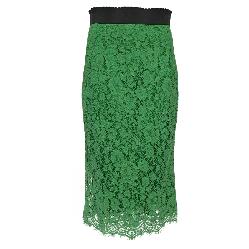 Midi Long Skirts for Versatility -Dolce & Gabbana Lace Midi Skirt in Green Cotton