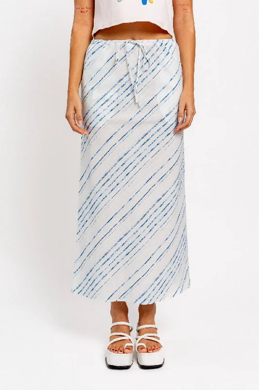 Beige Long Skirts for Neutral -Bias Cut Linen Maxi Skirt In White/blue