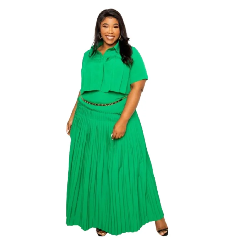 Maxi Long Skirts for Elegance -Pleated Cropped Shirt And Maxi Skirt Set