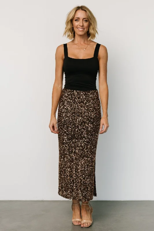 Flowy floral skirts for springtime elegance -Charmed Sequin Midi Skirt | Bronze