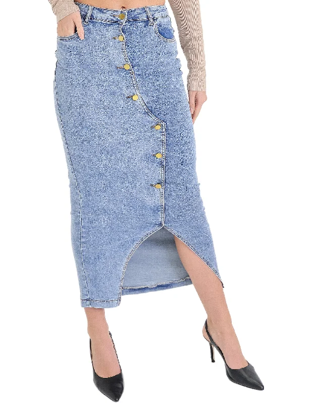 Trendy midi skirts for modern fashionistas -Denim Midi Skirt w/ Buttons