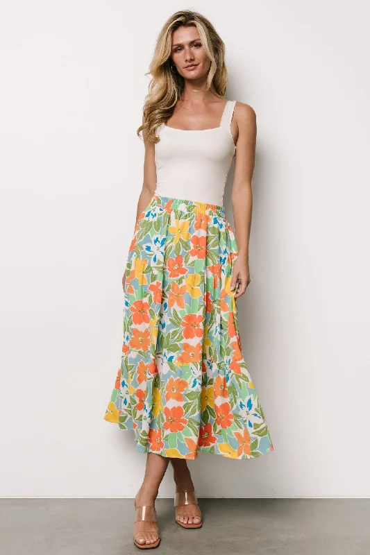 Bold skirts with metallic shimmer finish -Nika Tiered Skirt | Orange + Blue Floral