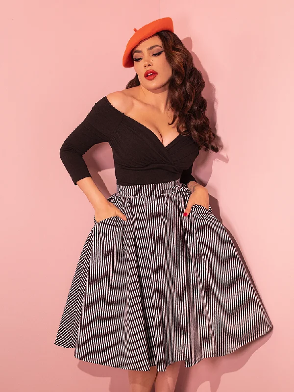 Classic skirts with simple clean lines -Vixen Swing Skirt in Halloween Thin Black and White Stripes - Vixen by Micheline Pitt