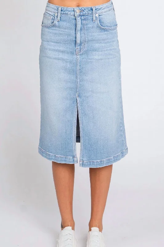 High-waisted Short Skirts for Shape -Front Slit Midi Skirt In Light Denim