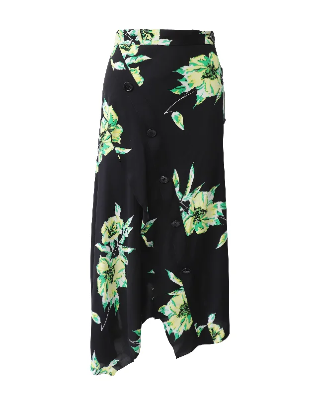 Printed Short Skirts with Patterns -Proenza Schouler Lily Print Asymmetric Skirt in Black and Green Silk