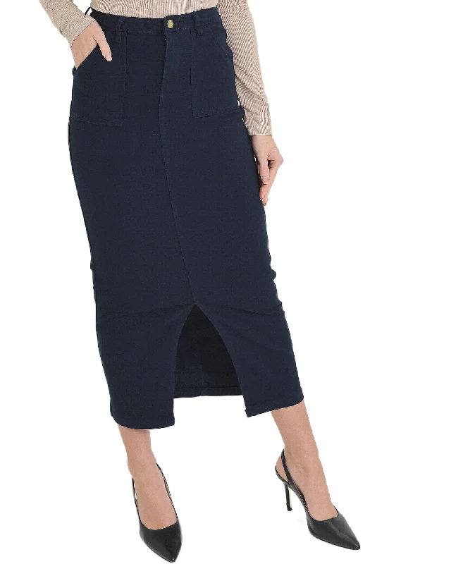 Patterned skirts with geometric print edge -Denim Midi Skirt w/ Front Slit