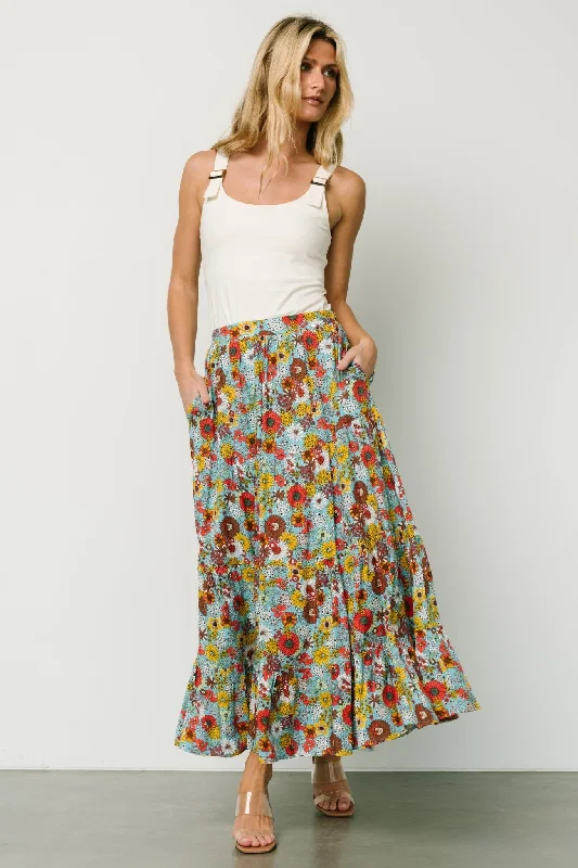 Pleated skirts with delicate pastel tones -Reilly Maxi Skirt | Teal Flower Print