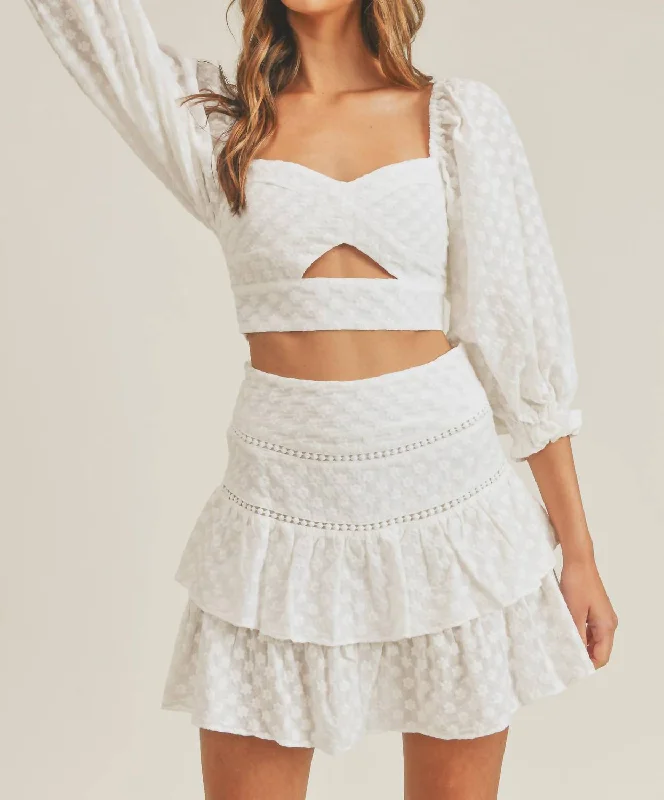 A-line Long Skirts for Flattering -Eyelet Crop Top And Mini Skirt Set In White