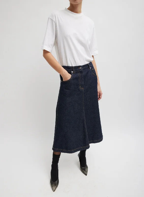 Durable denim skirts for rugged daily wear -Indigo Denim Midi A-Line Skirt