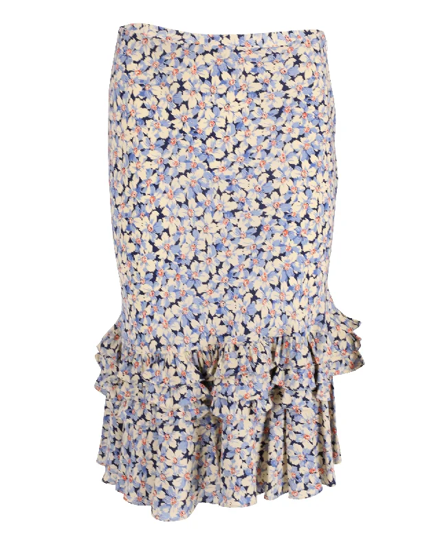 Silk Long Skirts for Luxurious -Ralph Lauren Floral Ruffled Midi Skirt in Multicolor Cotton