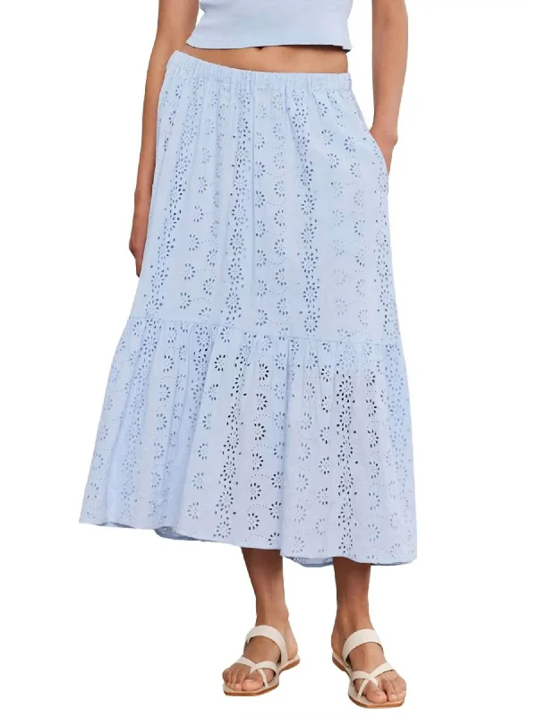 Khaki Long Skirts for Casual -Amelia Cotton Embroidered Skirt In Light Blue