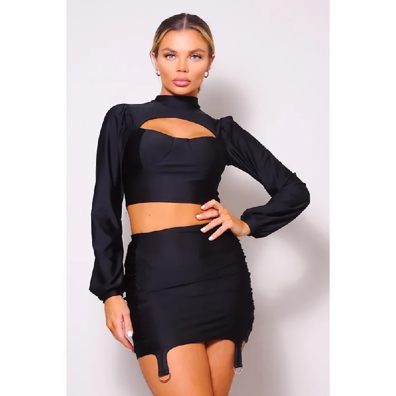 Hippie Long Skirts with Beads -Puff Long Sleeve Front Cutout Turtleneck Blouse & Side Ruched Garter Mini Skirt Set