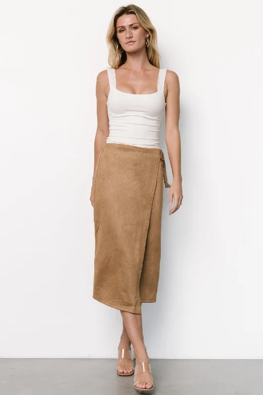 Soft skirts with gentle fabric drape -Malika Faux Wrap Skirt | Camel