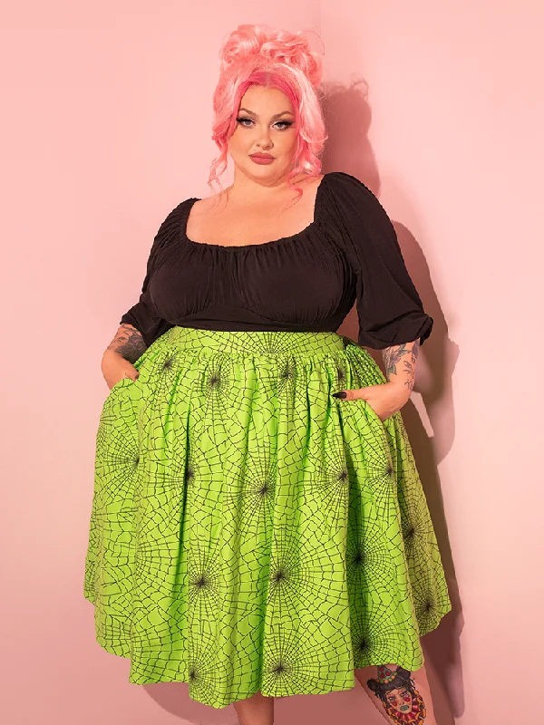 Patterned midi skirts for eye-catching style -Vixen Swing Skirt in Slime Green Spider Web Print - Vixen by Micheline Pitt