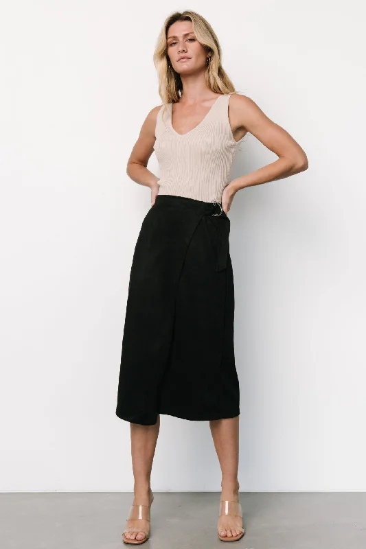 A-line skirts for flattering timeless silhouettes -Malika Faux Wrap Skirt | Black