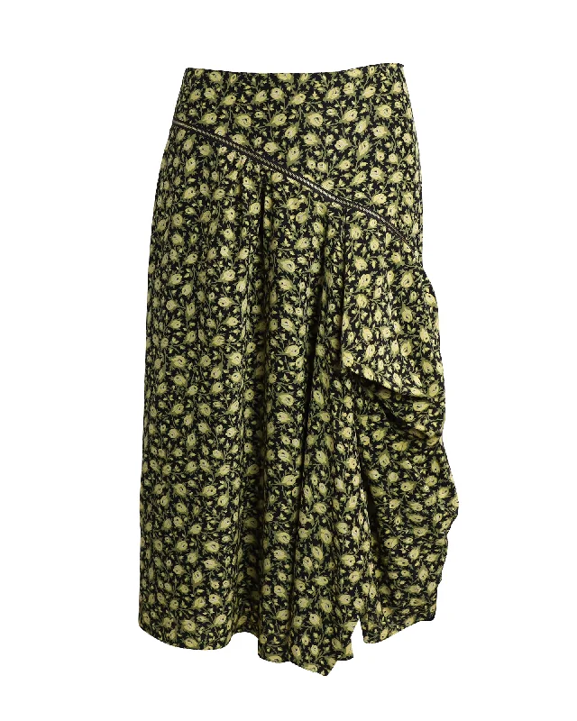 Long Skirts for Travel Adventures -Burberry Zip-detailed Draped Floral Midi Skirt in Yellow and Green Silk