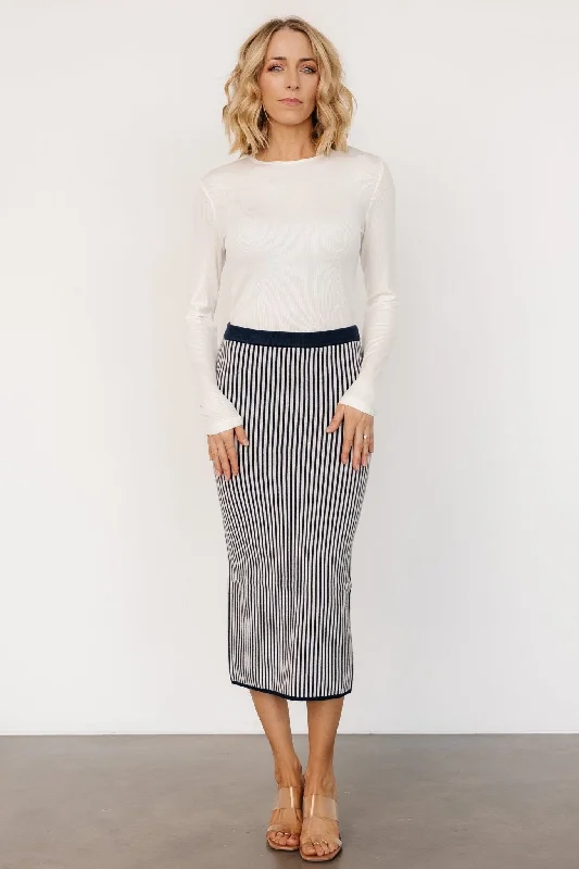 Bold floral skirts for vibrant spring fashion -Alonso Knit Midi Skirt | Navy Stripe