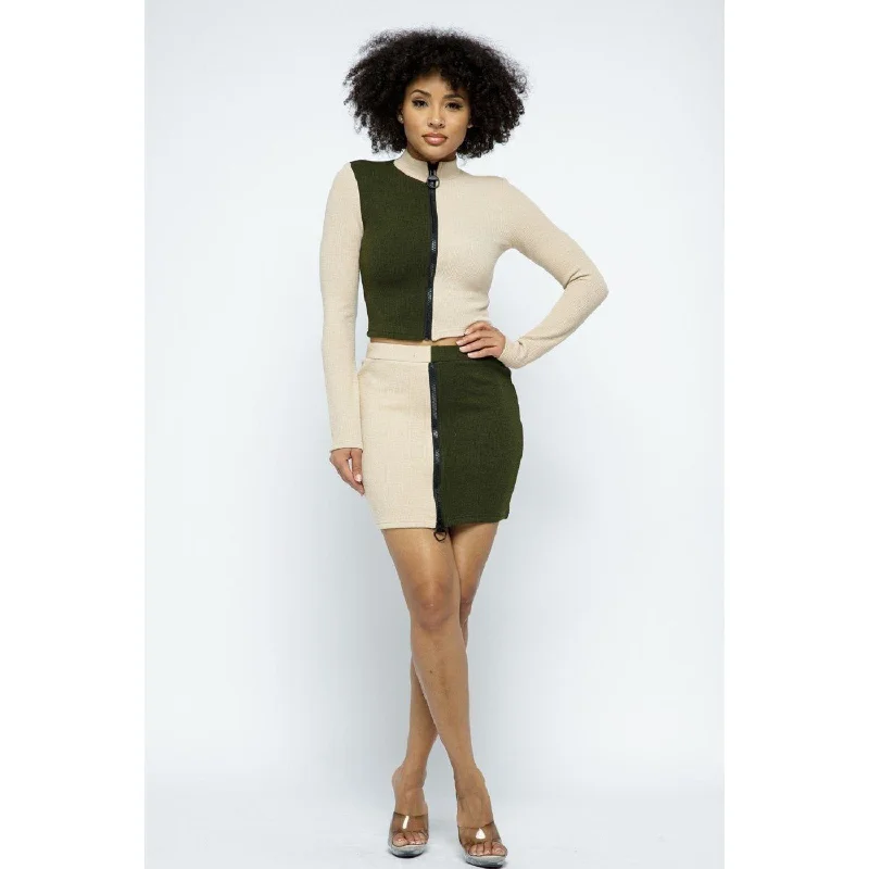 Low-waisted Long Skirts for Relaxed -Rib Color Block Mock Neck Long Sleeve High-waist Mini Skirt With Front Zipper Set