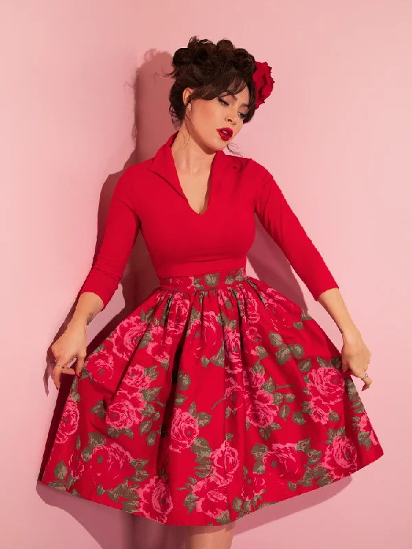 Soft skirts with gentle fabric drape -FINAL SALE - Vixen Swing Skirt in Vintage Red Rose Print - Vixen by Micheline Pitt