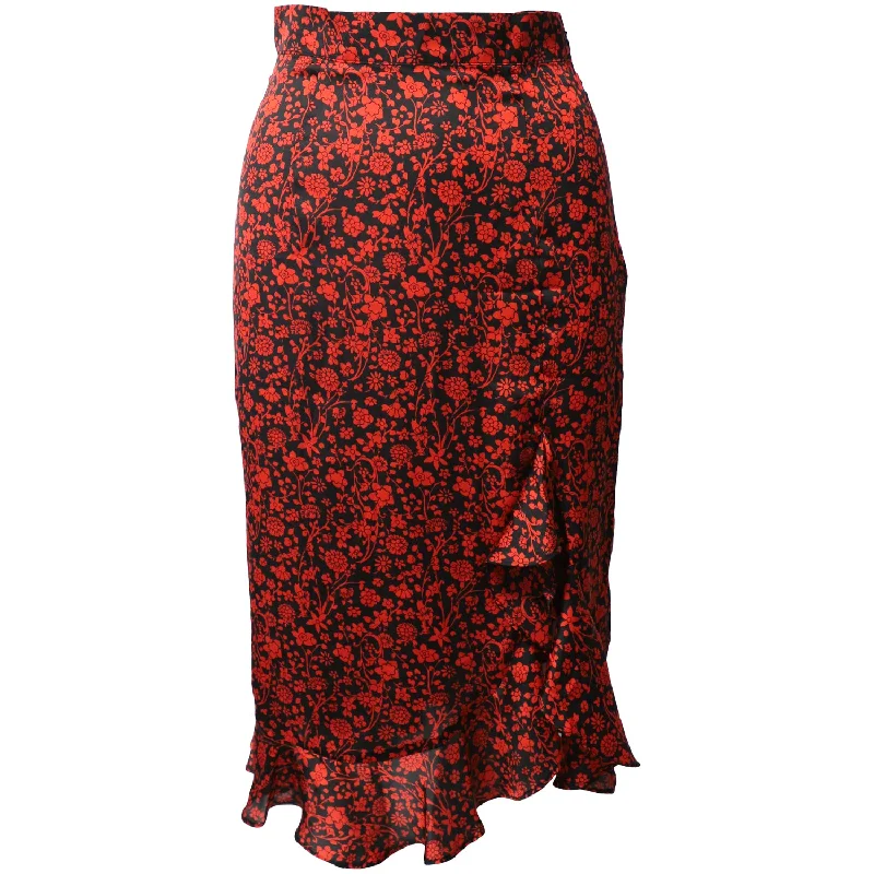 Wool Long Skirts for Warmth -Maje Floral Asymmetric Drape Skirt in Red Silk