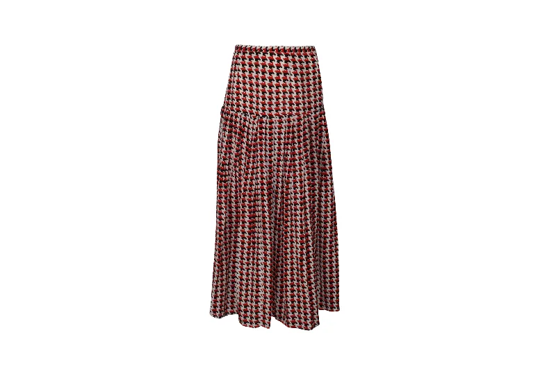 Red Long Skirts for Statement -Rixo Houndstooth Pleated Maxi Skirt in Red Print Silk