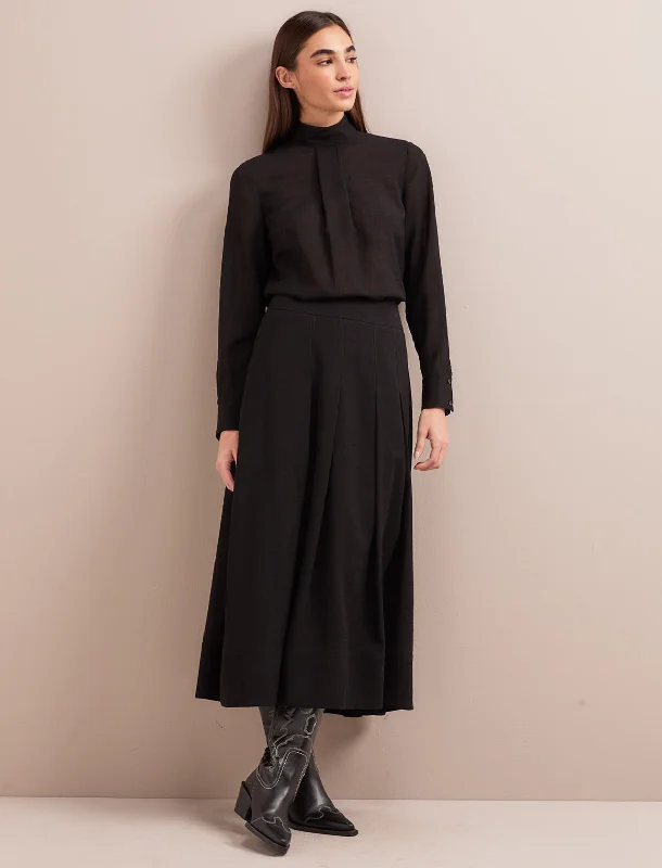 High-waisted pencil skirts for professional office wear -Sophia Techni Voile Pleated Maxi Skirt - Black