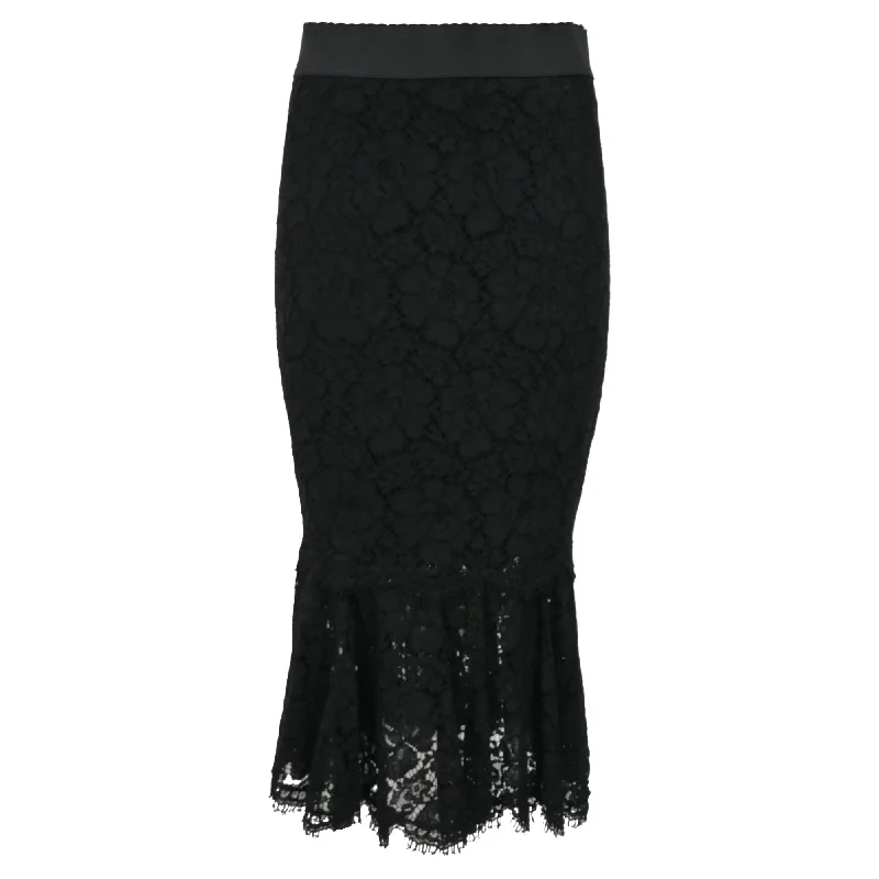 Black Long Skirts for Versatile -Dolce & Gabbana Lace Midi Skirt in Black Cotton