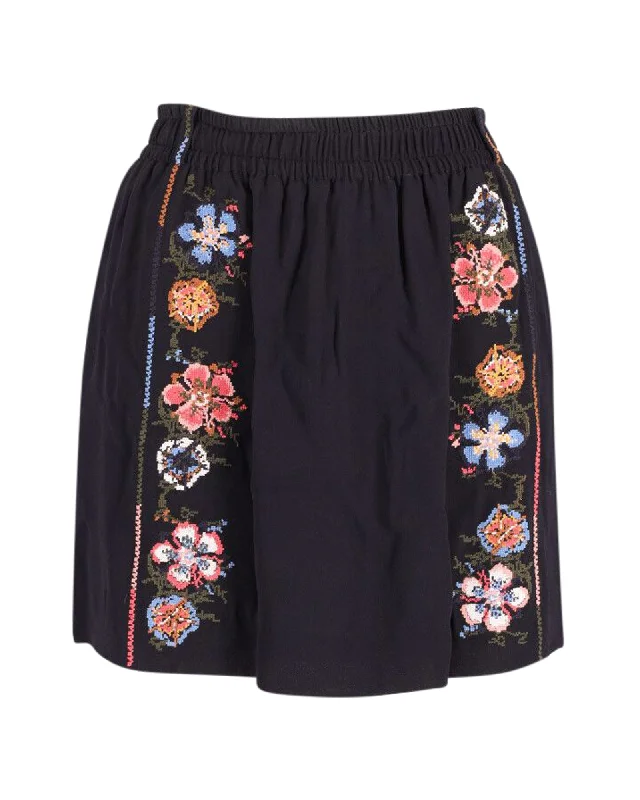 Wool Short Skirts for Warmth -Chloe Embroidered Mini Skirt in Black Crepe