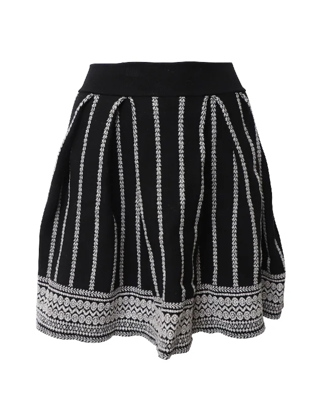 Wool Long Skirts for Warmth -Maje Geomteric Pleated Ribknit Mini Skirt in Black Cotton Blend