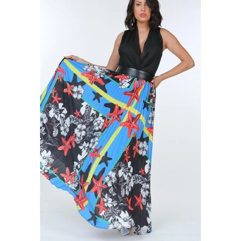 Wool Long Skirts for Warmth -Pleated Print Maxi Skirt With Leather Waist Band