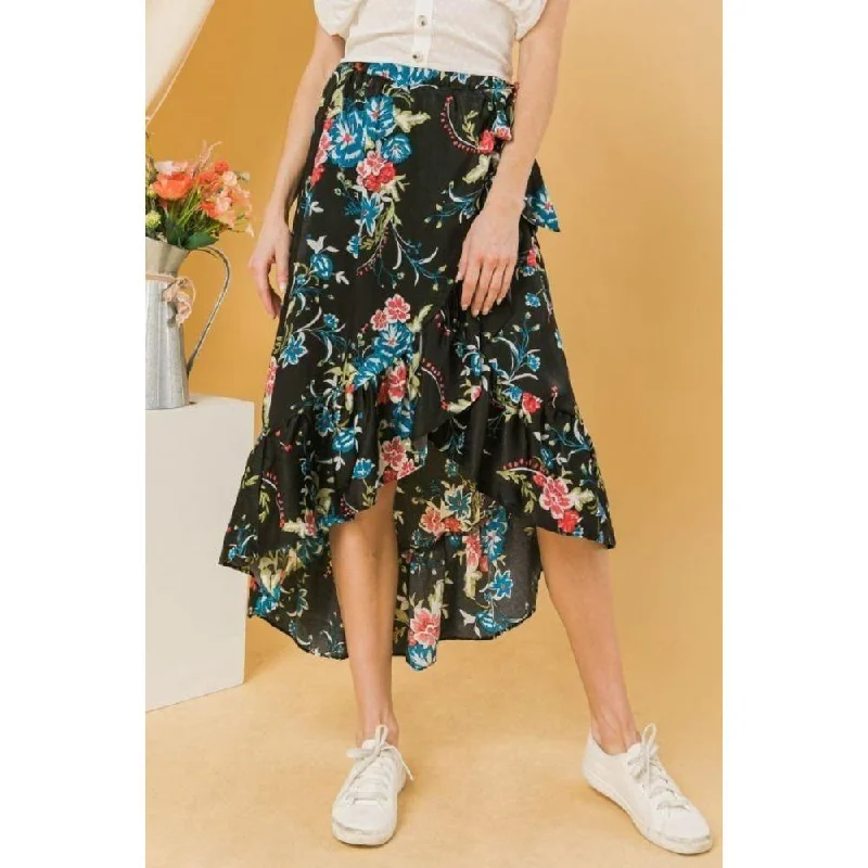 Straight Long Skirts for Classic -Floral Ruffle Skirt With Trim High Low.