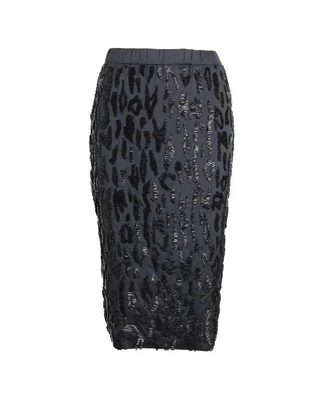 Low-waisted Short Skirts for Relaxed -Prada Beaded Leopard Pencil Skirt in Black Polyester