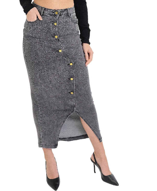 Stretchy mini skirts for flexible movement -Denim Midi Skirt w/ Buttons