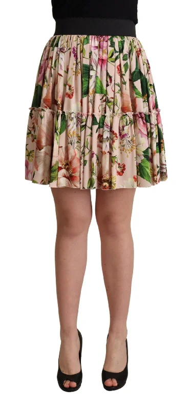 Nylon Long Skirts for Stretch -Dolce & Gabbana Elegant Floral Silk High Waist Mini Women's Skirt