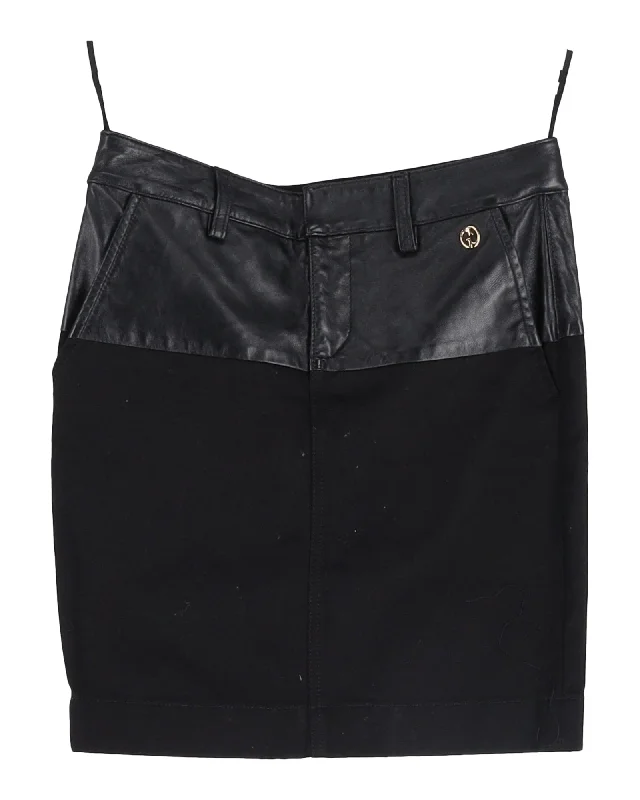 Wool Short Skirts for Warmth -Gucci Pencil Mini Skirt in Black Leather and Cotton