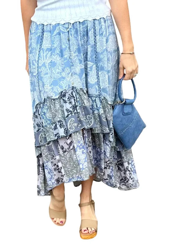 Floral Long Skirts for Romantic -Long Tiered Ruffled Floral Skirt In Multi Blue