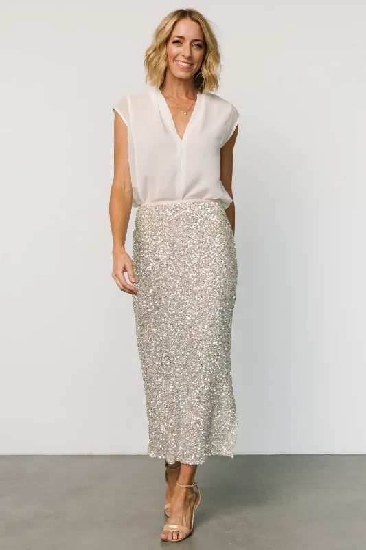 Soft skirts with plush cotton lining -Charmed Sequin Midi Skirt | Champagne