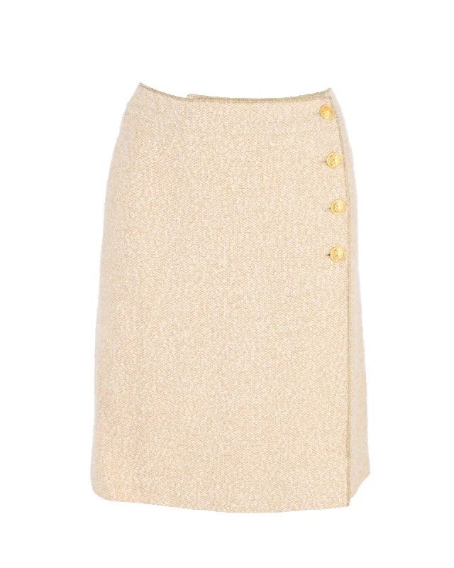 Flared Short Skirts for Flirty -Chanel Gold Button Wrap Skirt in Cream Wool