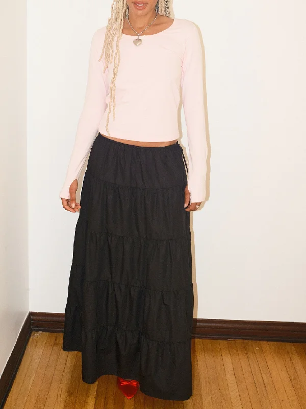 A-line skirts with flared hem elegance -Tiered Maxi Skirt - Black