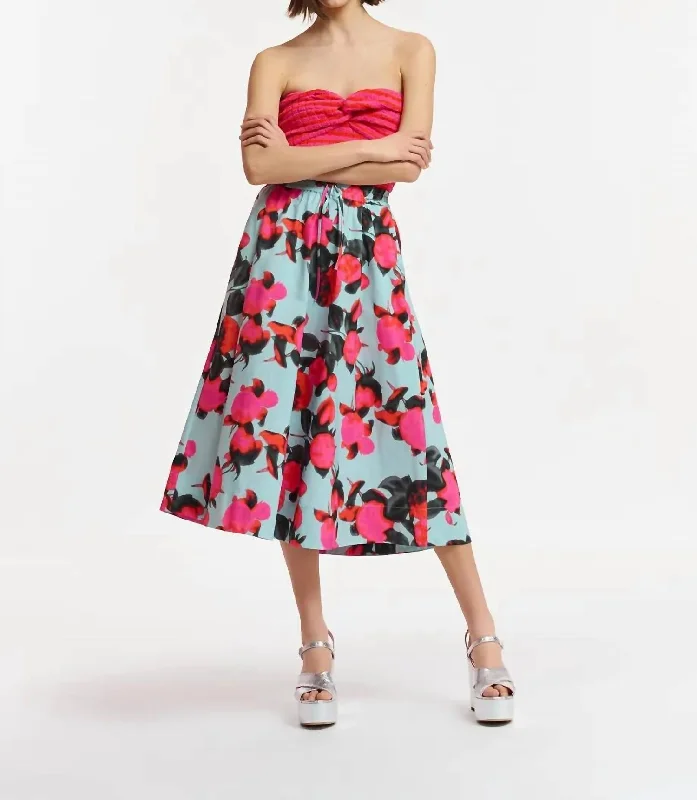 A-line Long Skirts for Flattering -Midi Length Skirt In Light Blue Floral